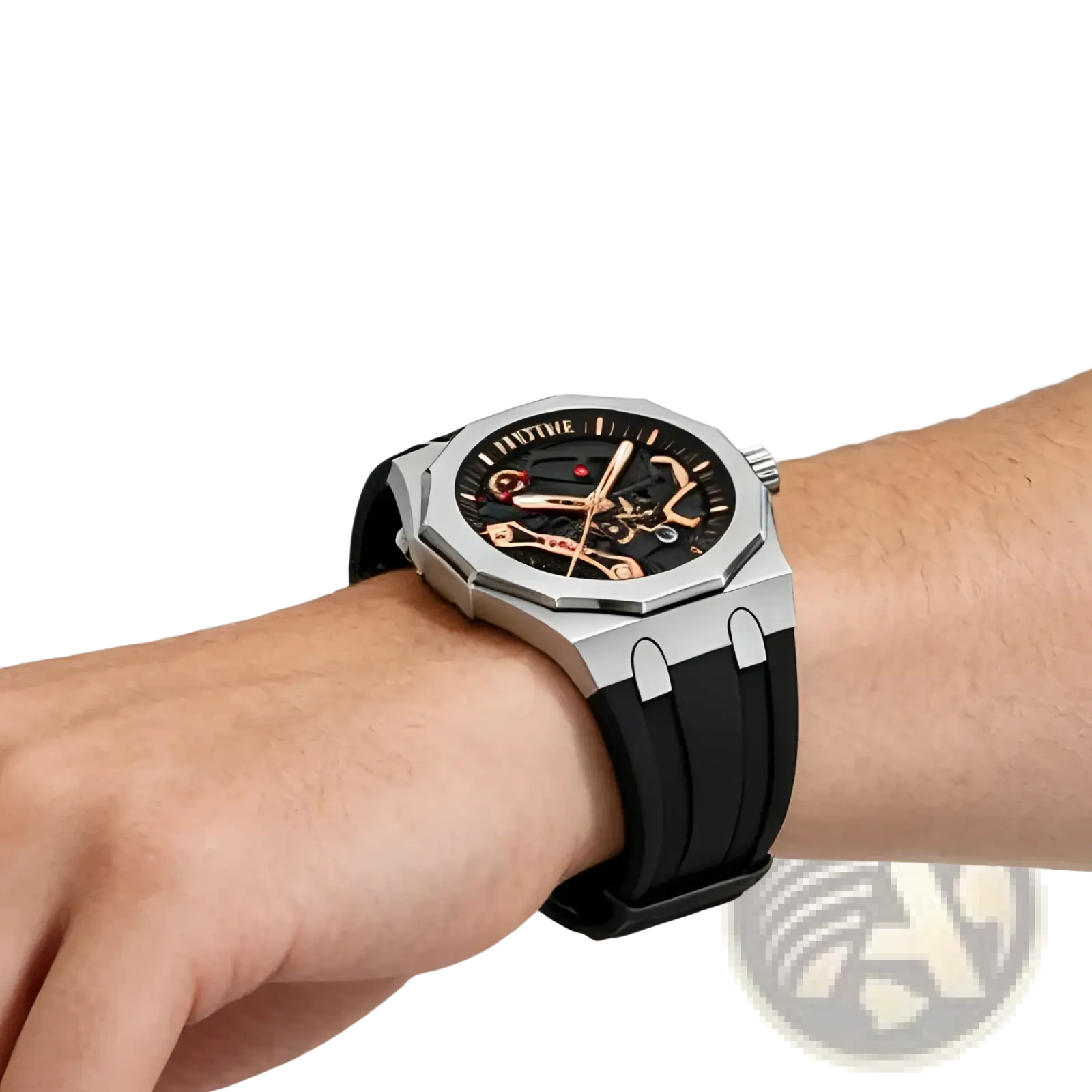 Pintime men luxury skeleton quartz watch with silver tone case, black dial, and rose gold hands and gears