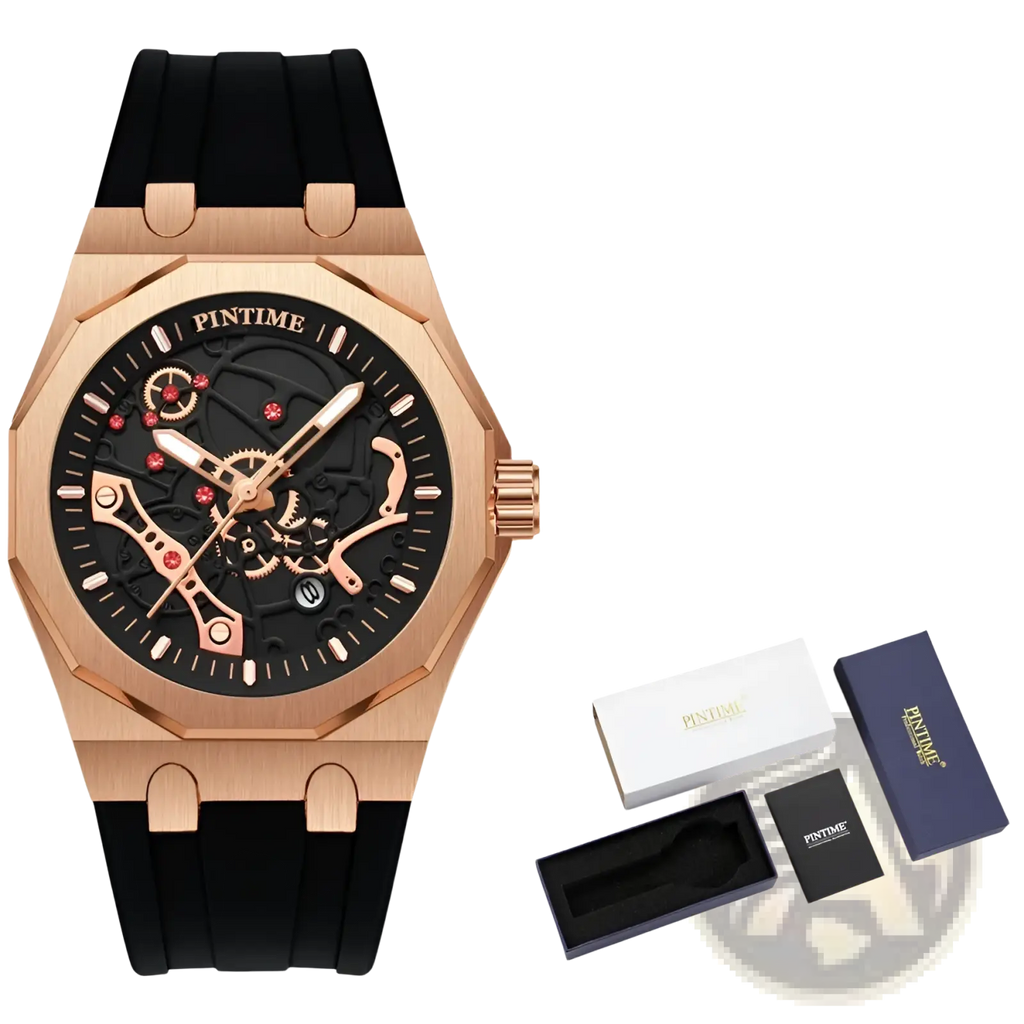 Rose gold skeleton men luxury quartz watch with black rubber strap and red gem accents by Pintime