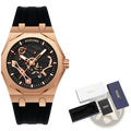 Rose gold skeleton men luxury quartz watch with black rubber strap and red gem accents by Pintime