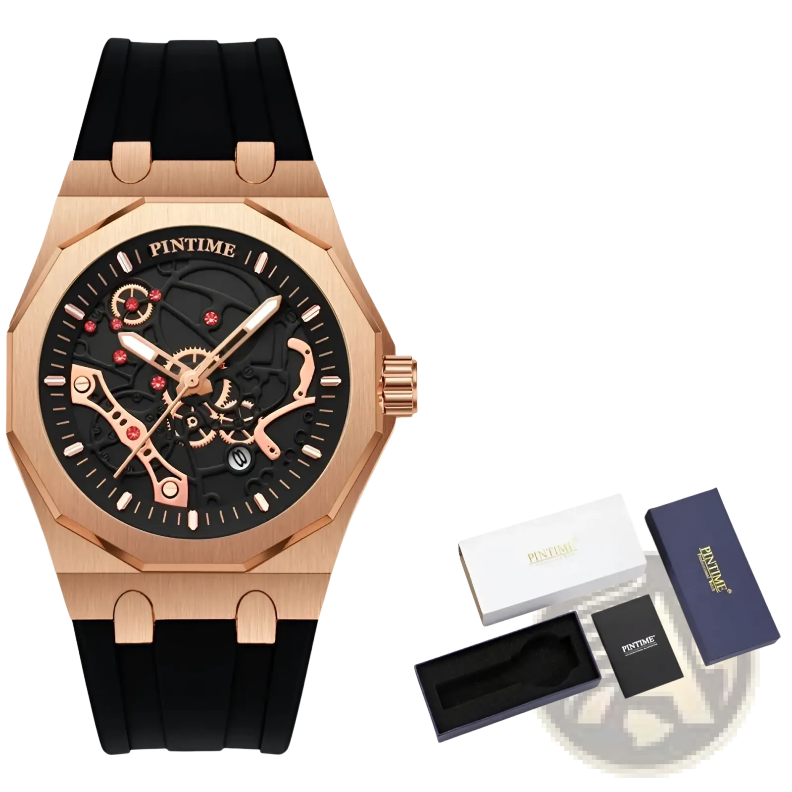 Rose gold skeleton men luxury quartz watch with black rubber strap and red gem accents by Pintime