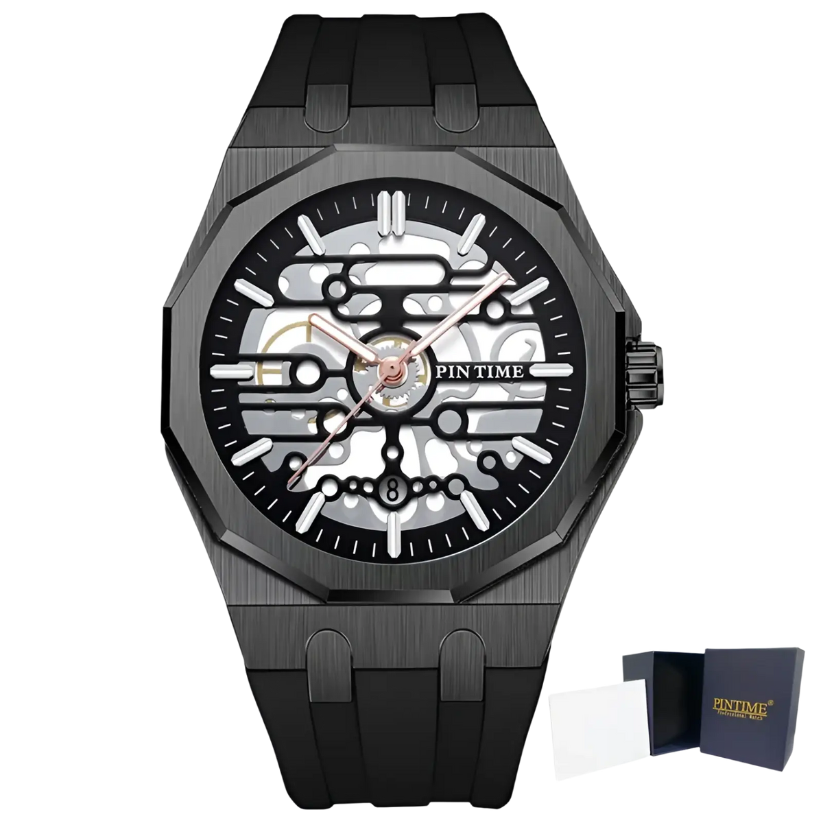 Pintime men skeleton quartz watch with black skeleton dial, brushed metal case and strap, rose gold hands accent
