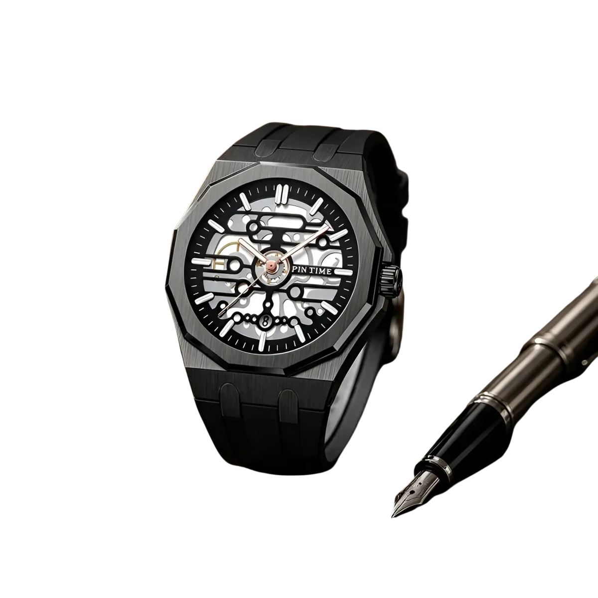 Black pintime men skeleton quartz watch with matte case, visible gears, and silicone strap