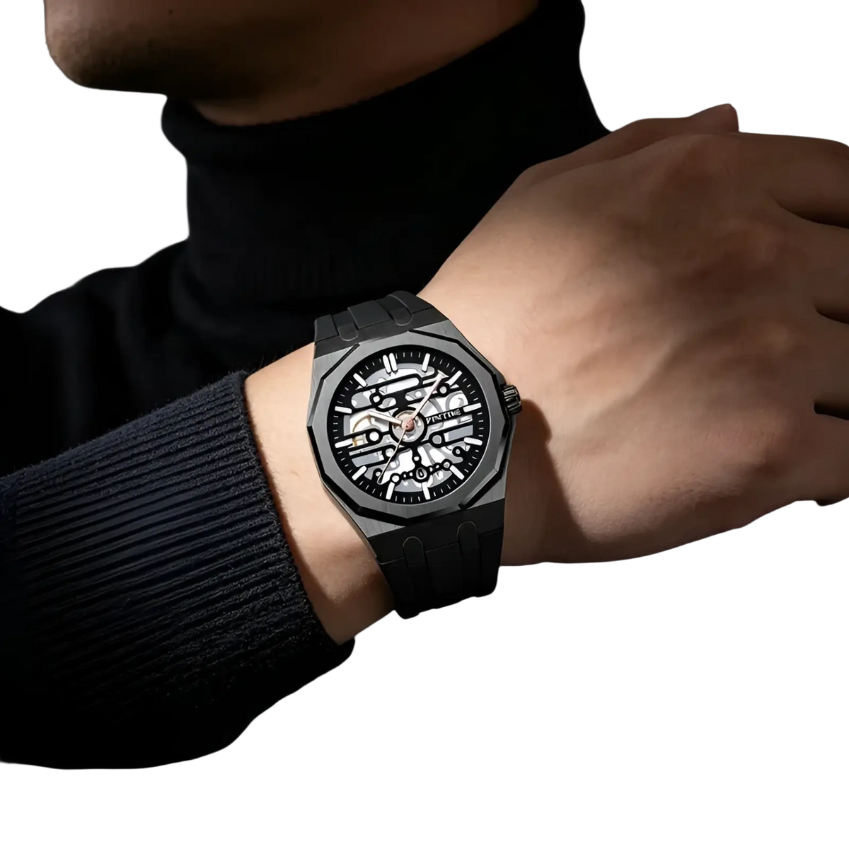 Pintime men skeleton quartz watch with black matte finish and exposed mechanical gears on silicone strap