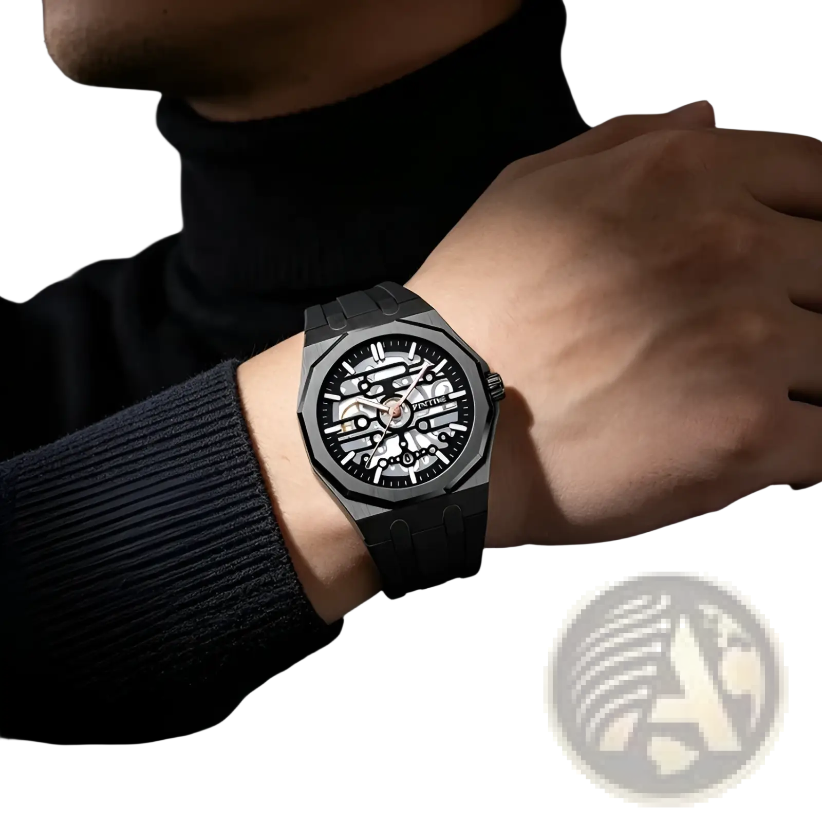 Pintime men skeleton quartz watch with black matte finish and exposed mechanical gears on silicone strap