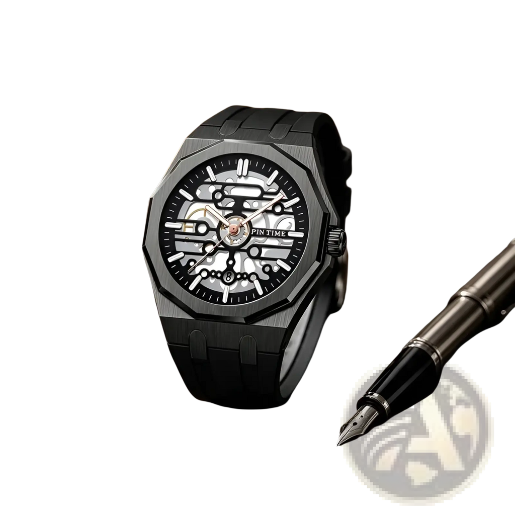 Black pintime men skeleton quartz watch with matte case, visible gears, and silicone strap