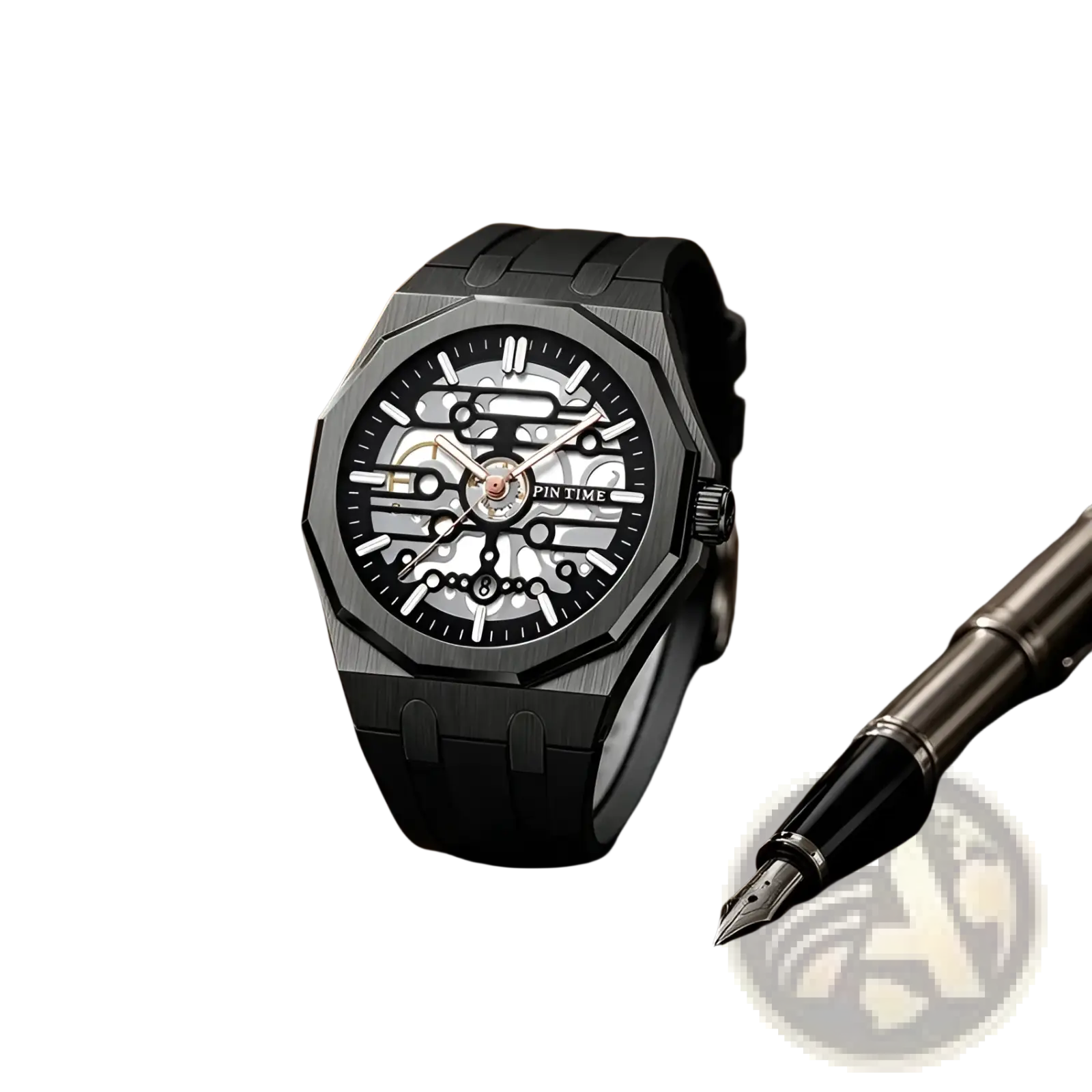 Black pintime men skeleton quartz watch with matte case, visible gears, and silicone strap
