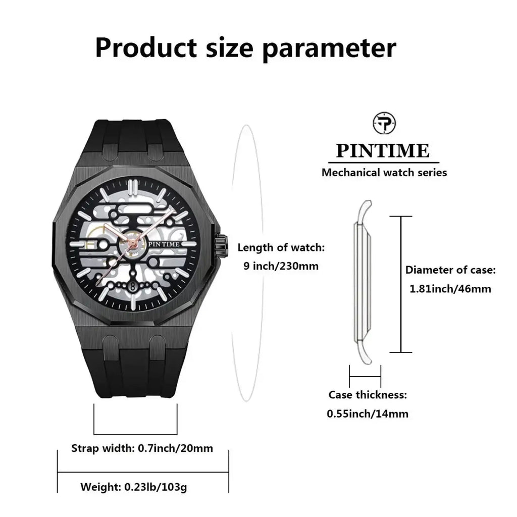 Black pintime men skeleton quartz watch with skeletonized dial and black silicone rubber strap