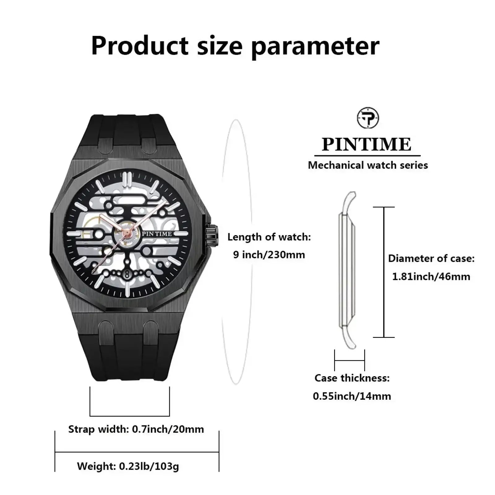 Black pintime men skeleton quartz watch with skeletonized dial and black silicone rubber strap