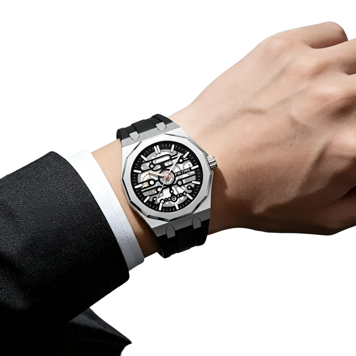 Pintime men skeleton quartz watch with silver-toned case black dial exposed gears and black silicone strap
