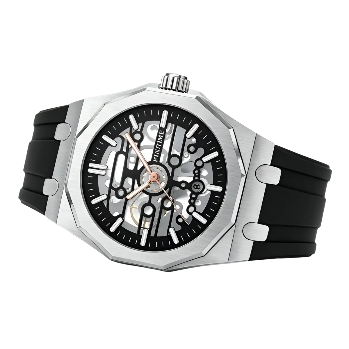 Pintime men skeleton quartz watch with silver-toned case black silicone strap and exposed mechanical gears