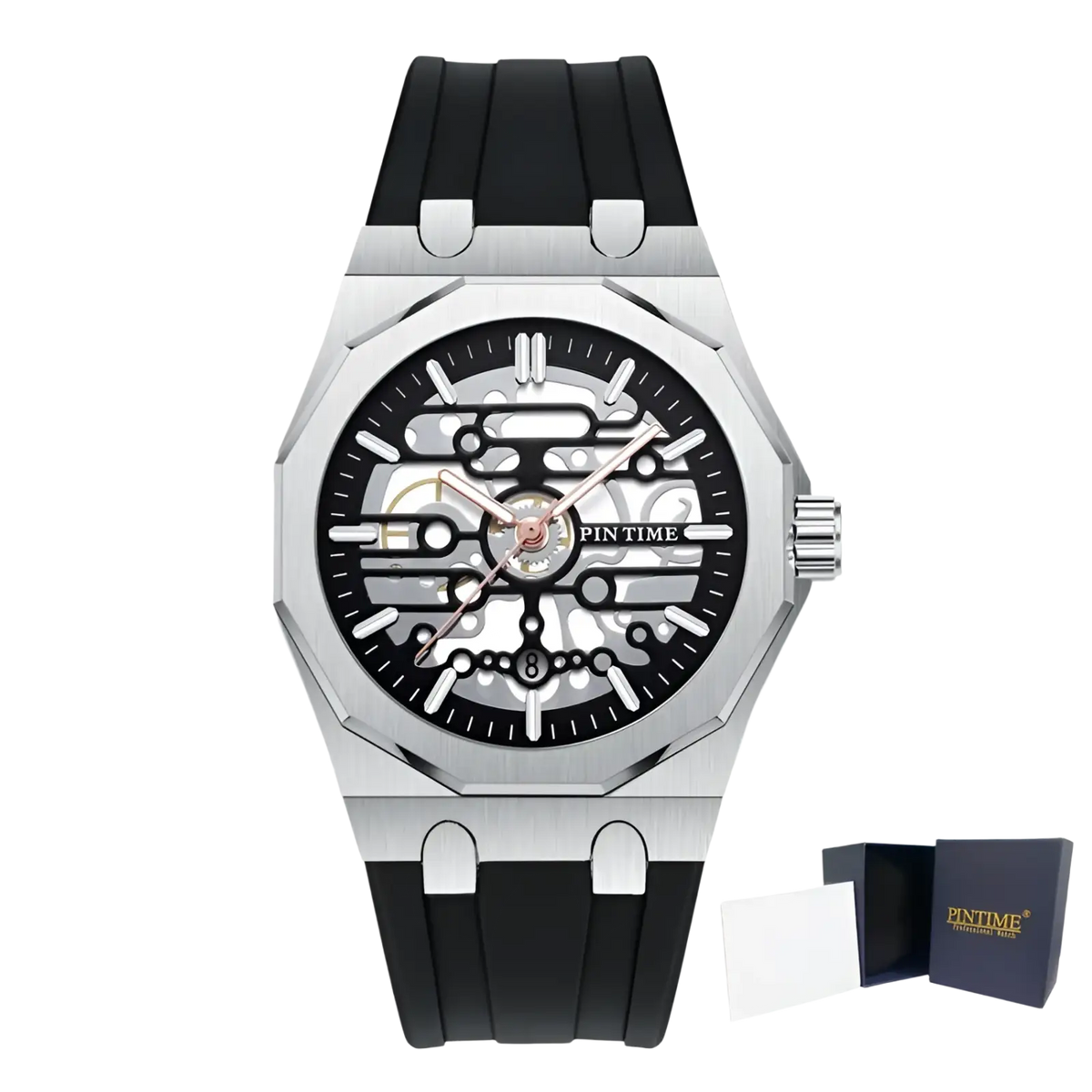 Silver-toned pintime men skeleton quartz watch with black silicone strap and exposed mechanical gears on the face