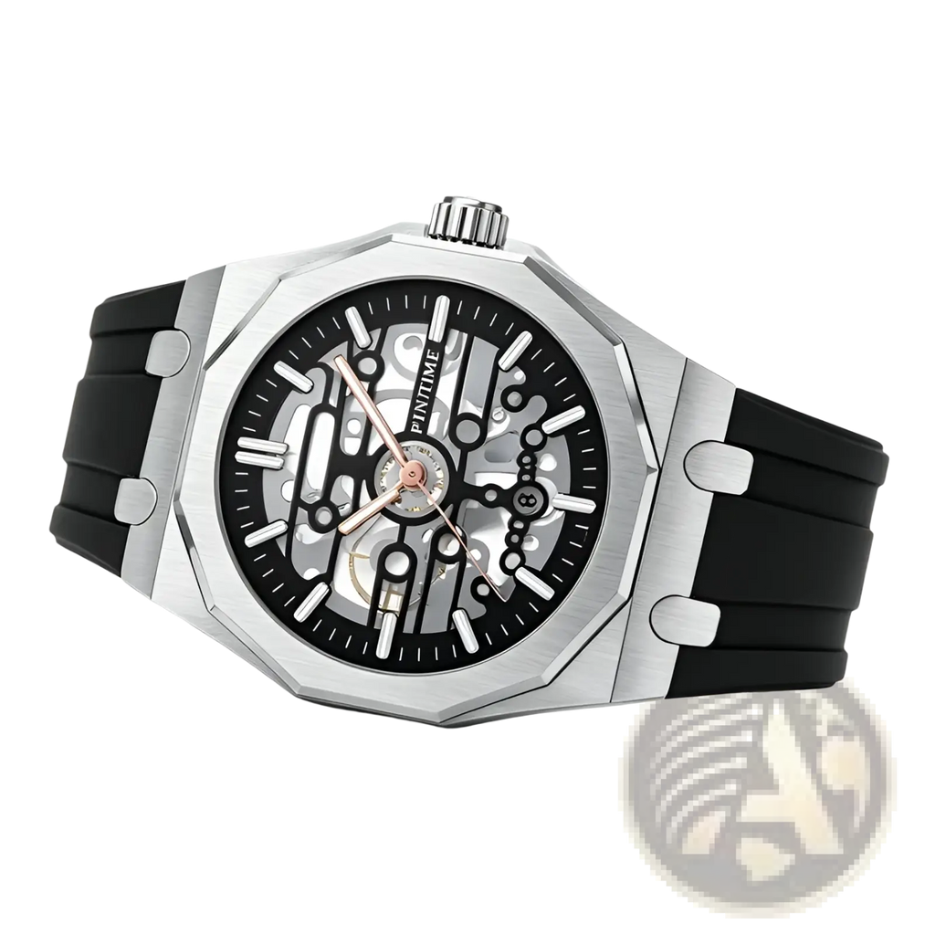 Pintime men skeleton quartz watch with silver-toned case black silicone strap and exposed mechanical gears