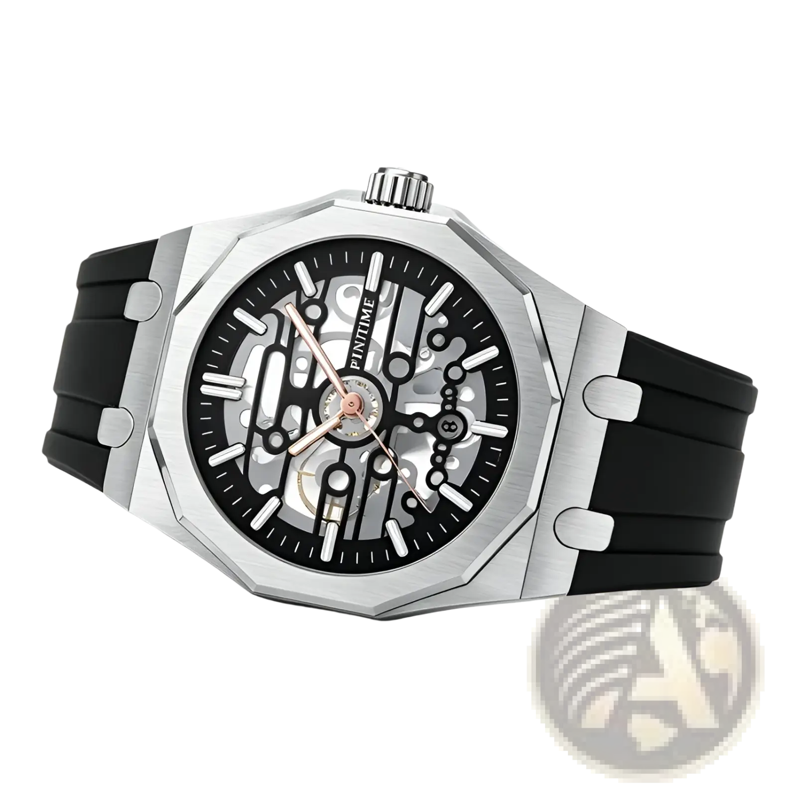 Pintime men skeleton quartz watch with silver-toned case black silicone strap and exposed mechanical gears