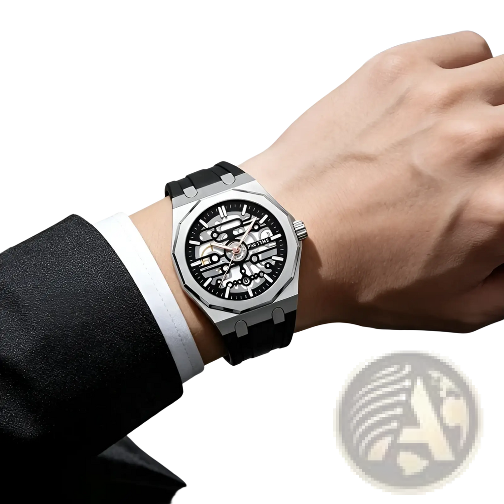 Pintime men skeleton quartz watch with silver-toned case black dial exposed gears and black silicone strap