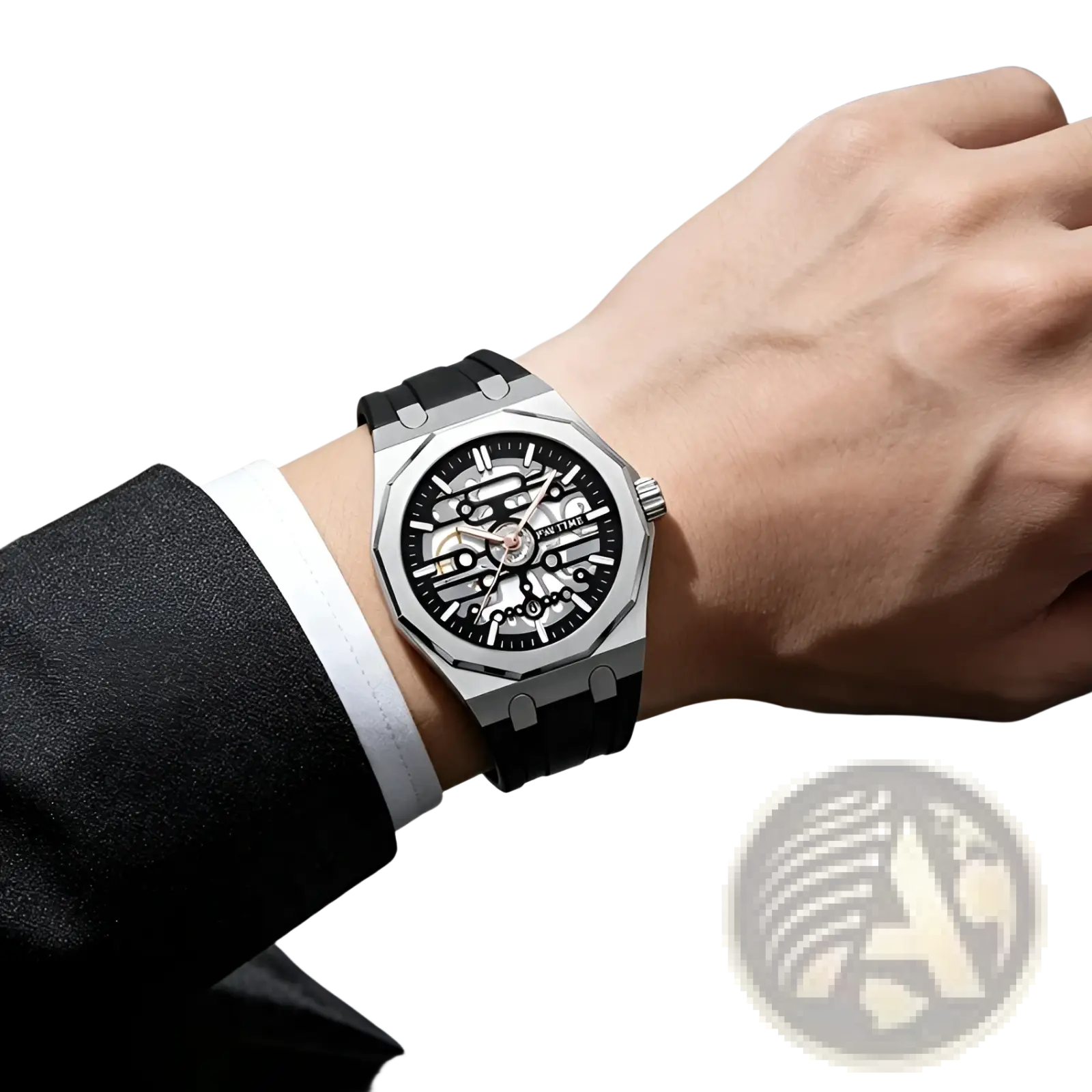 Pintime men skeleton quartz watch with silver-toned case black dial exposed gears and black silicone strap
