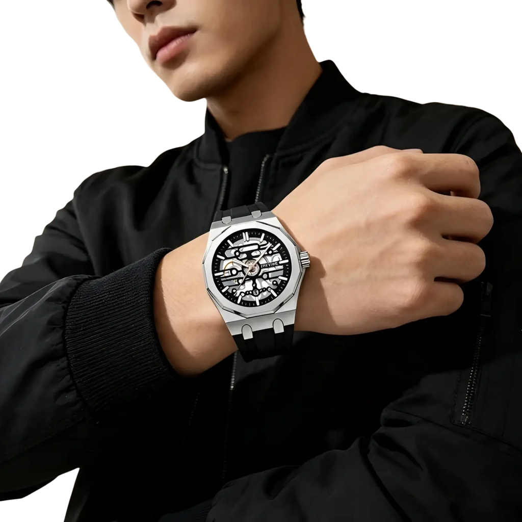 Silver-toned pintime men skeleton quartz watch with black dial rubber silicone strap and exposed mechanical movement