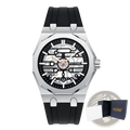 Silver-toned pintime men skeleton quartz watch with black silicone strap and exposed mechanical gears on the face