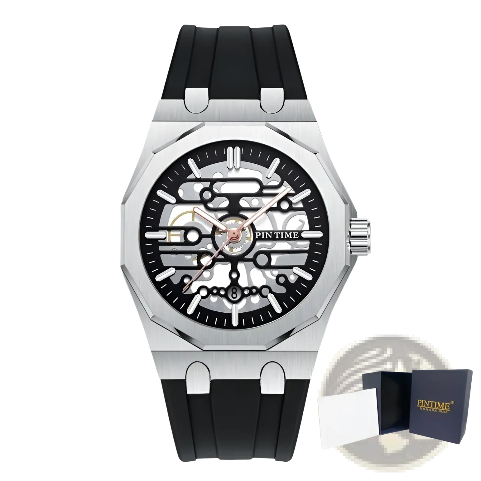 Silver-toned pintime men skeleton quartz watch with black silicone strap and exposed mechanical gears on the face