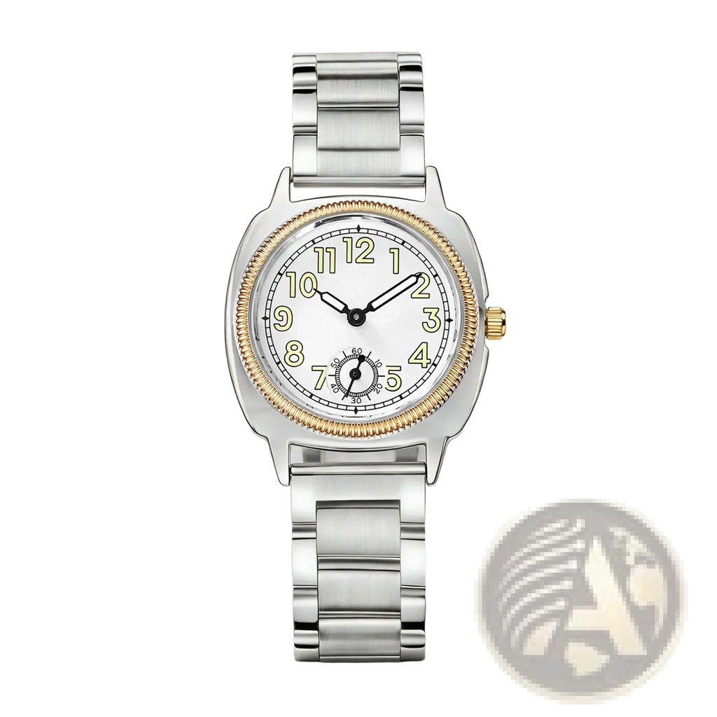 A classic pintime stainless steel quartz watch for women with silver and gold tones and a white dial on gray fabric