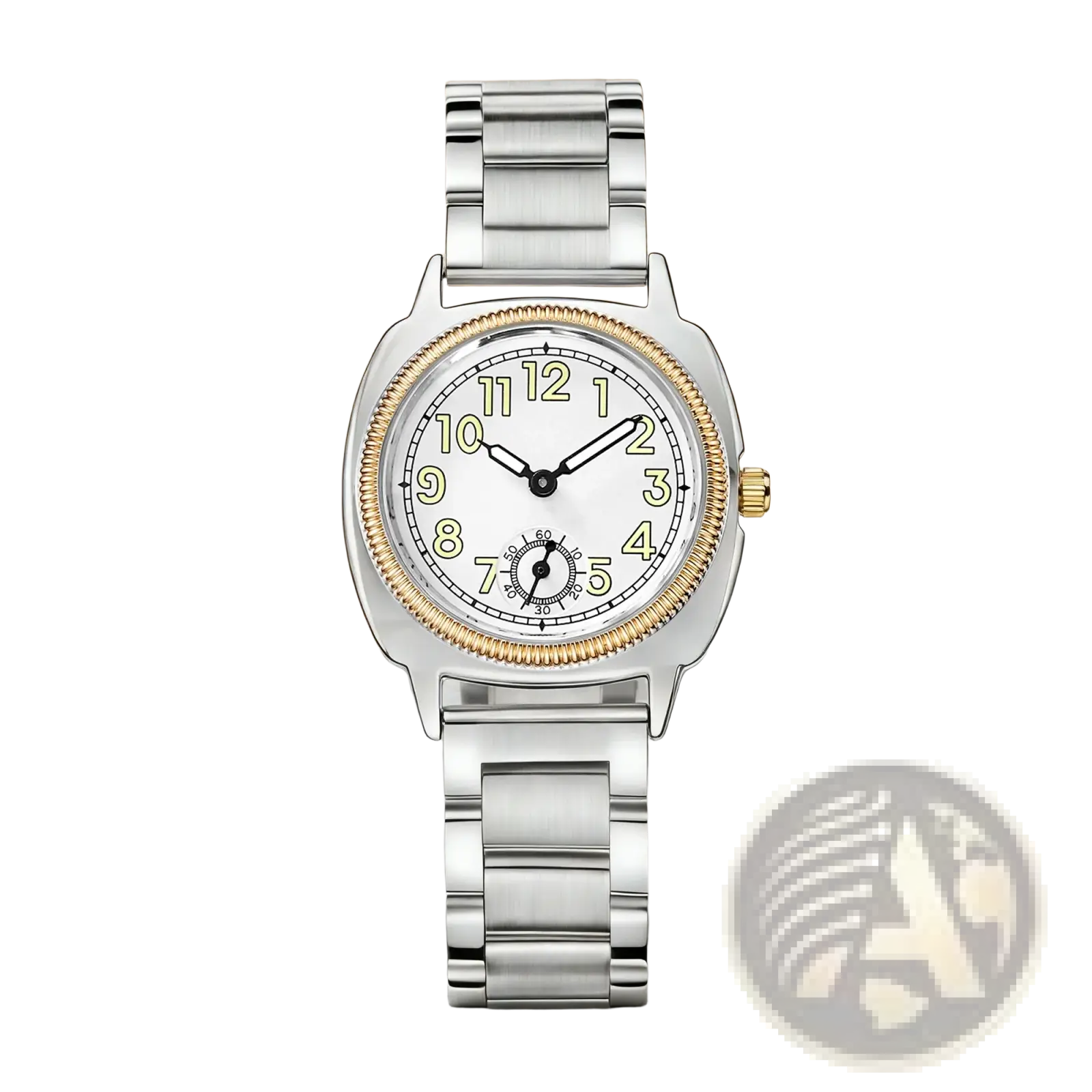 A classic pintime stainless steel quartz watch for women with silver and gold tones and a white dial on gray fabric