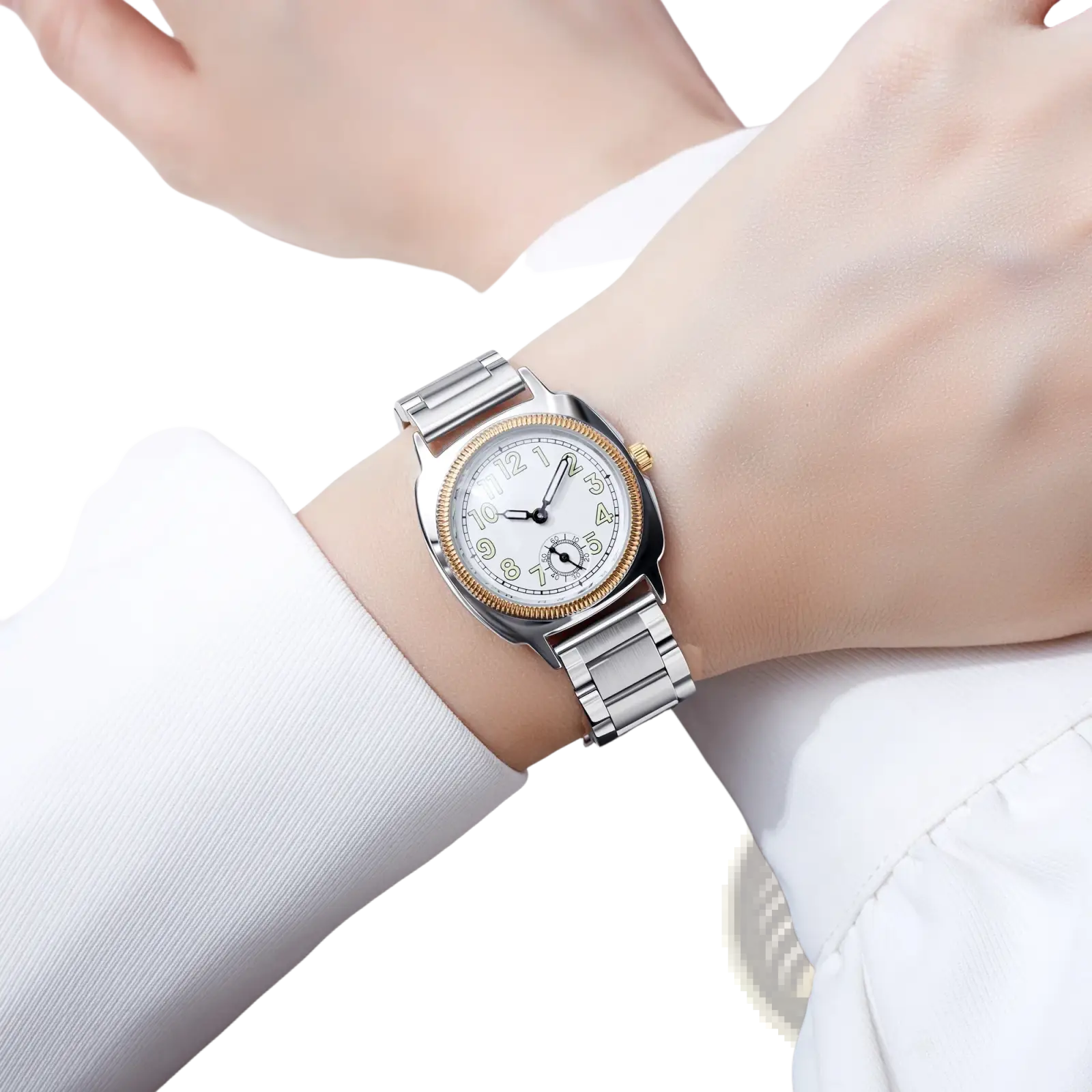 A sleek silver and gold-tone stainless steel pintime quartz watch for women with a white dial and black arabic numerals