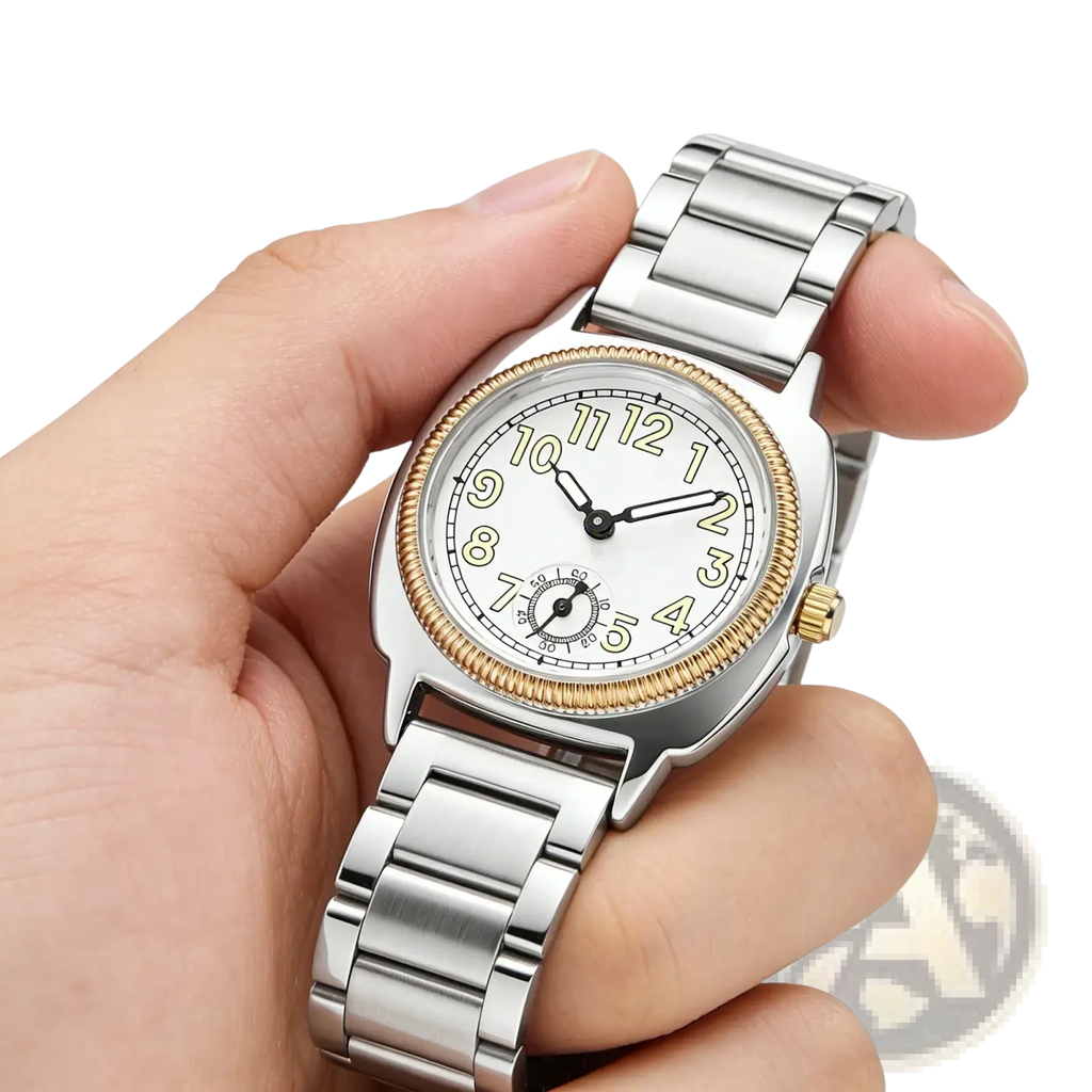 A sleek silver and gold-tone stainless steel quartz wristwatch for women with white dial black hands and yellow numerals