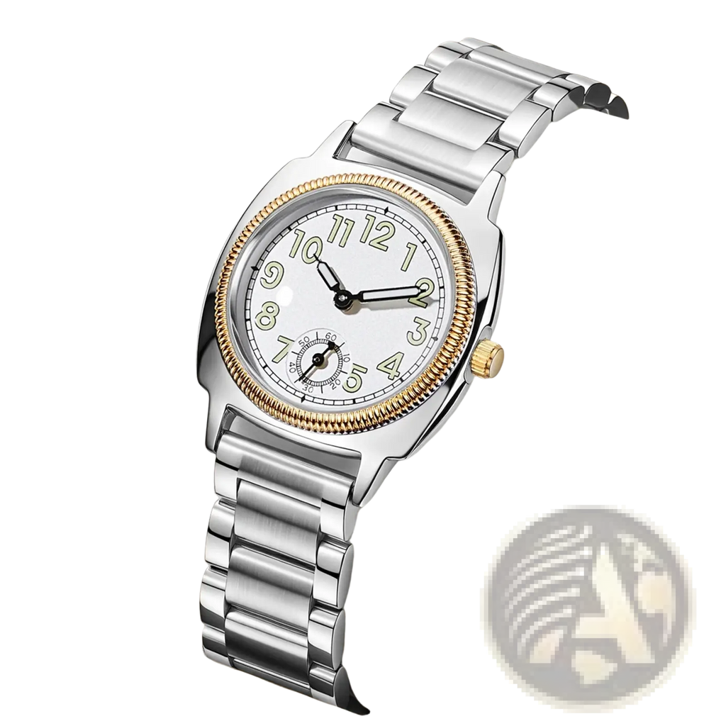A pintime stainless steel quartz watch for women with a sleek silver and gold-tone case and white dial with black numerals