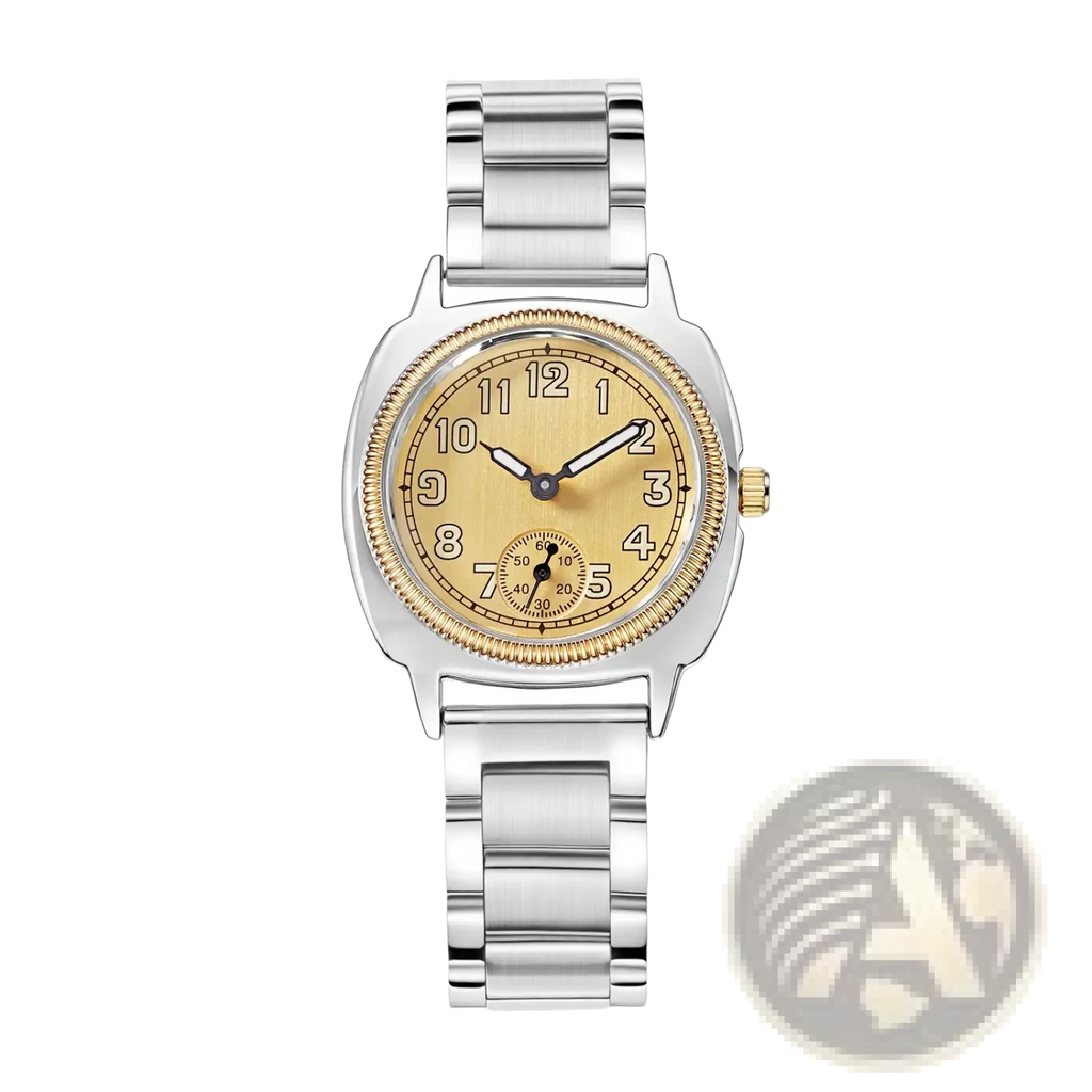 Pintime stainless steel quartz watch women silver gold with polished bracelet and beige dial featuring black arabic numerals
