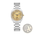 Pintime stainless steel quartz watch women silver gold with polished bracelet and beige dial featuring black arabic numerals