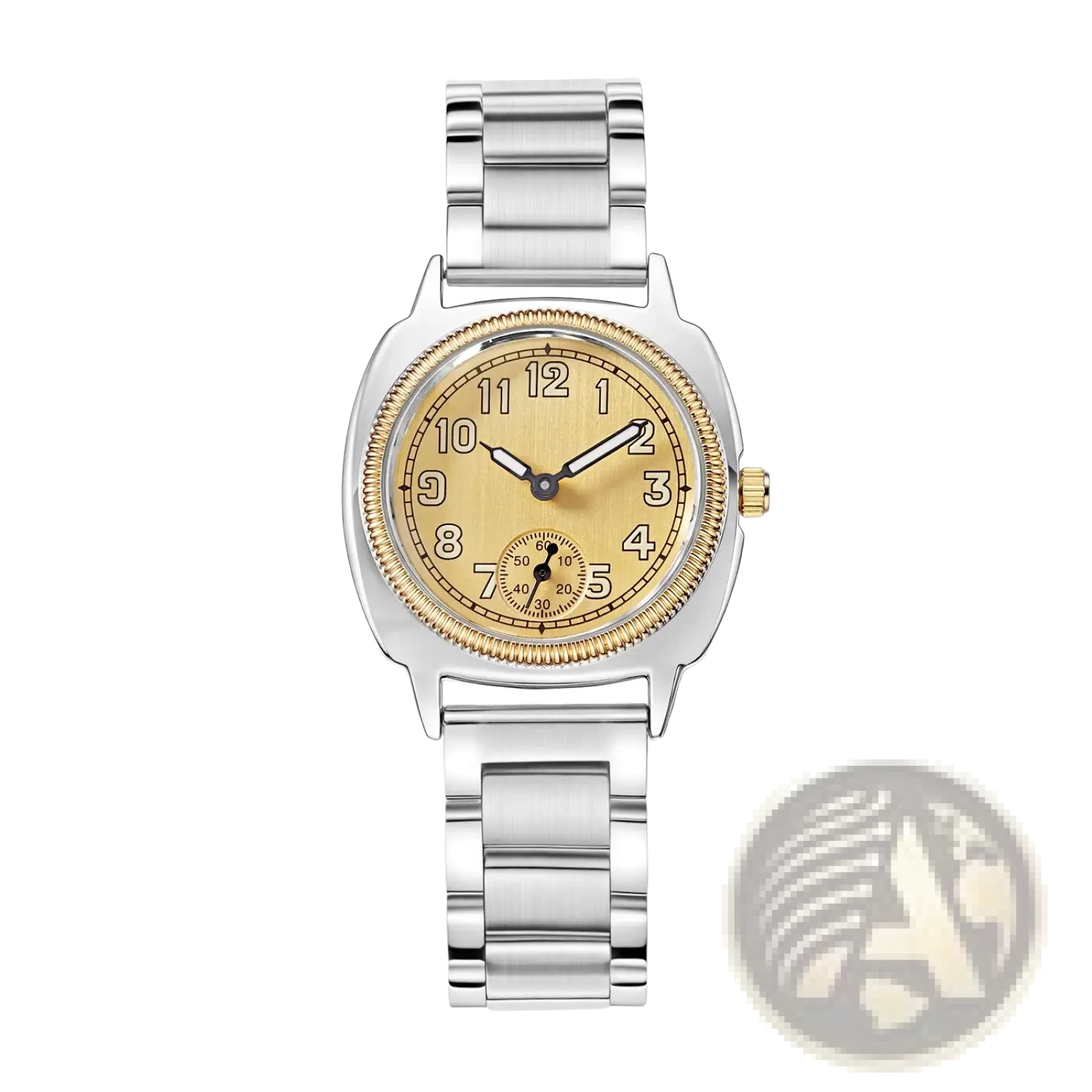 Pintime stainless steel quartz watch women silver gold with polished bracelet and beige dial featuring black arabic numerals