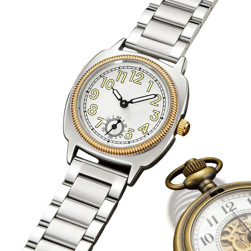 Pintime stainless steel quartz watch for women with silver and gold tones, white dial, black hands, and yellow numerals