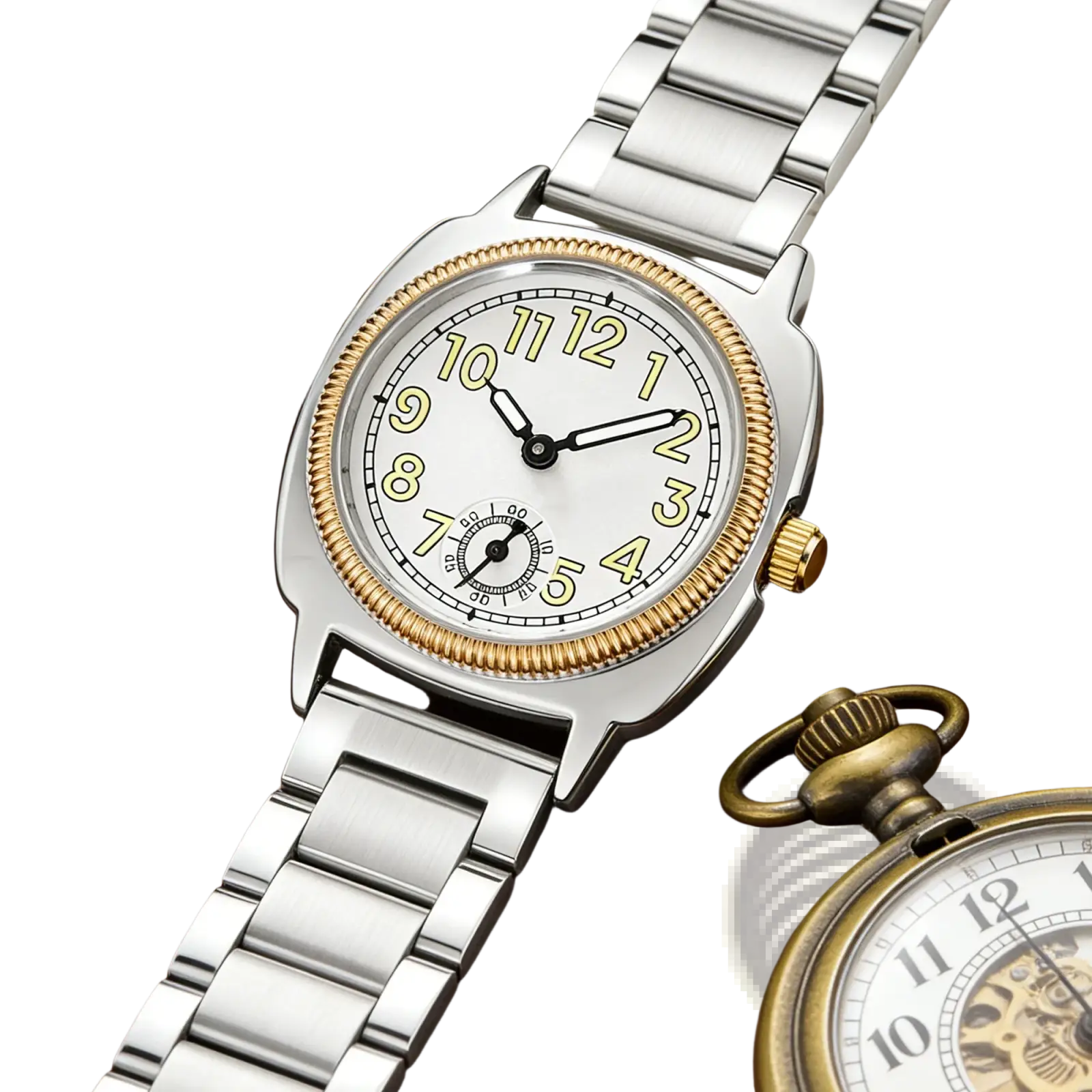 Pintime stainless steel quartz watch for women with silver and gold tones, white dial, black hands, and yellow numerals
