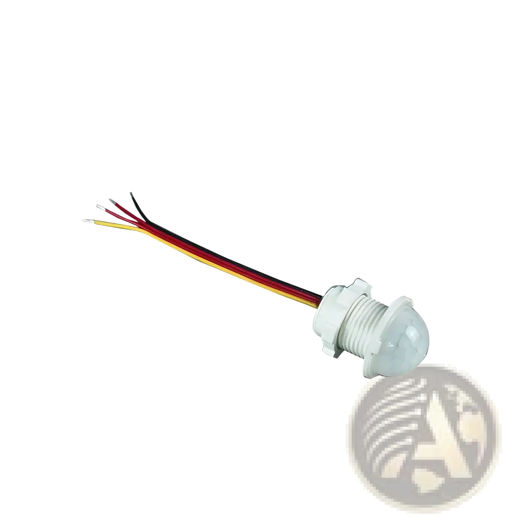 White plastic pir motion sensor switch for led strip lights with translucent dome cover and four colored wires extending from base