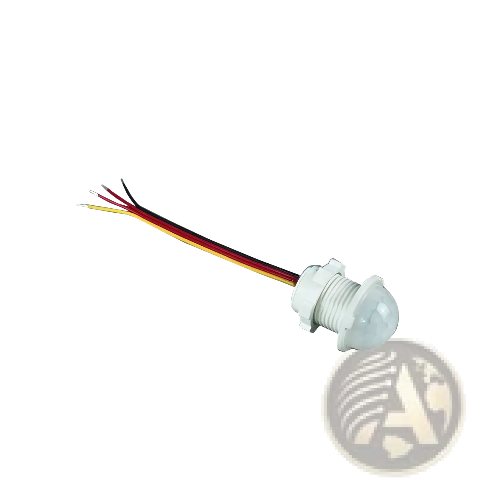 White plastic pir motion sensor switch for led strip lights with translucent dome cover and four colored wires extending from base
