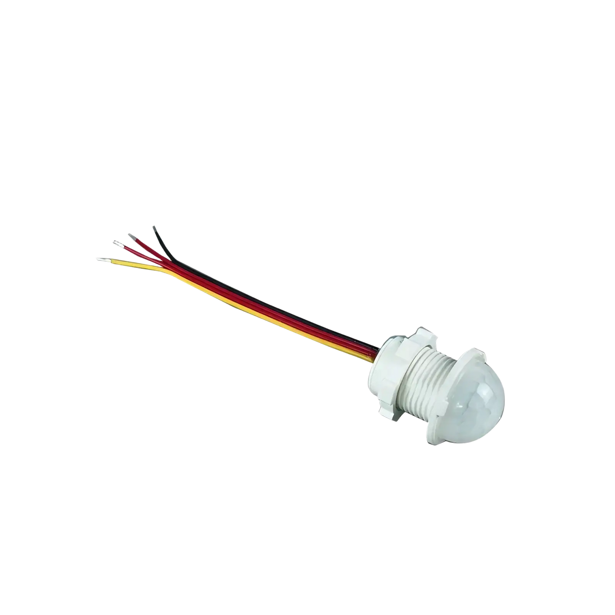 White plastic pir motion sensor switch for led strip lights with translucent dome cover and four colored wires extending from base