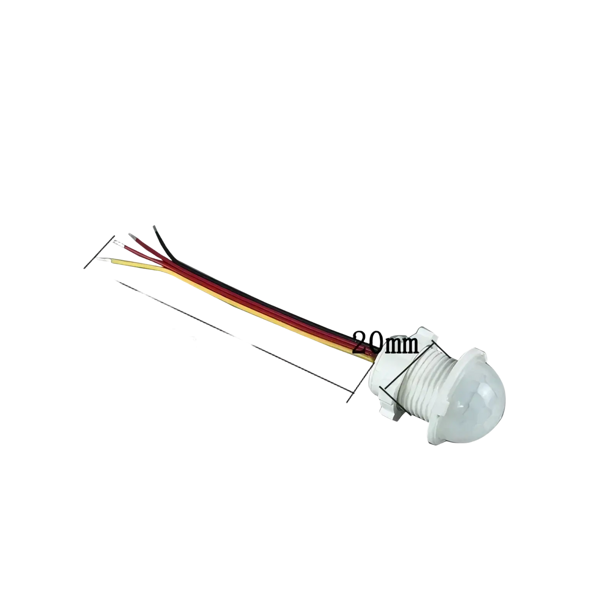 Rear view of a white plastic pir motion sensor switch with translucent dome and four colored wires for led strip lights