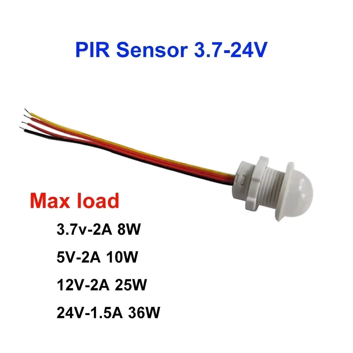 White plastic pir motion sensor switch for led strip lights showing the back side with four colored wires attached