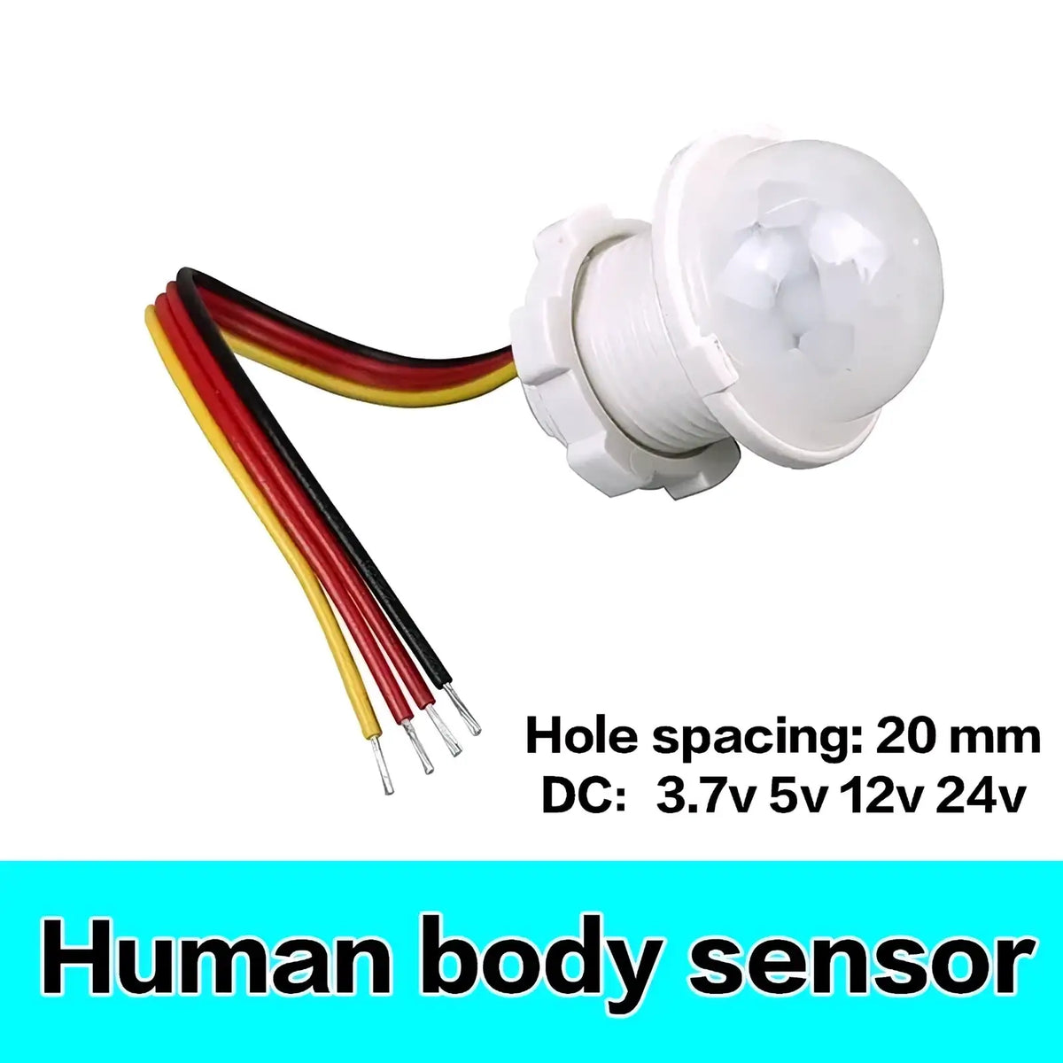 White plastic pir motion sensor switch for led strip lights with clear dome cover and four colored wires at the base