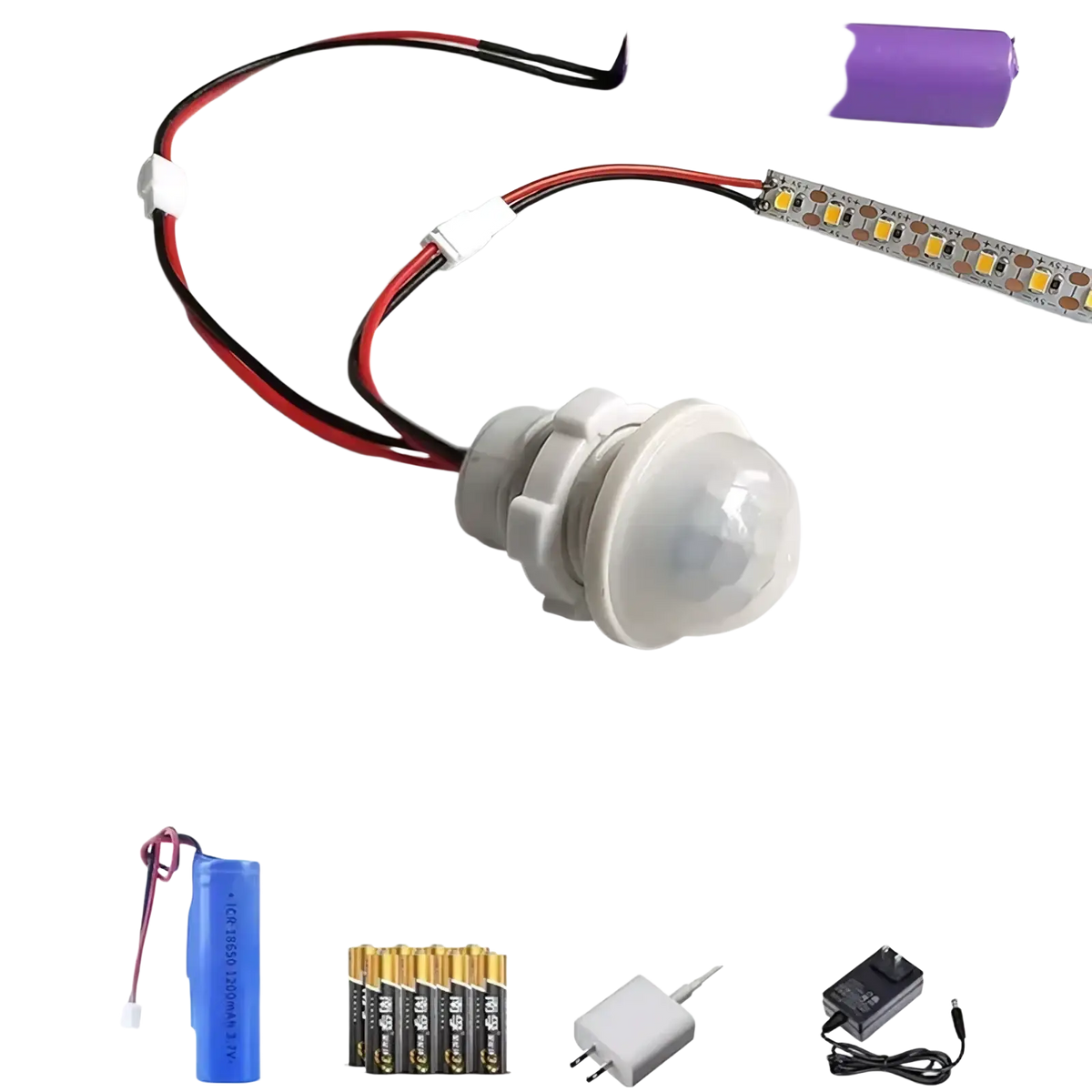 White plastic low voltage pir motion sensor switch with attached led strip and battery pack for led strip lights