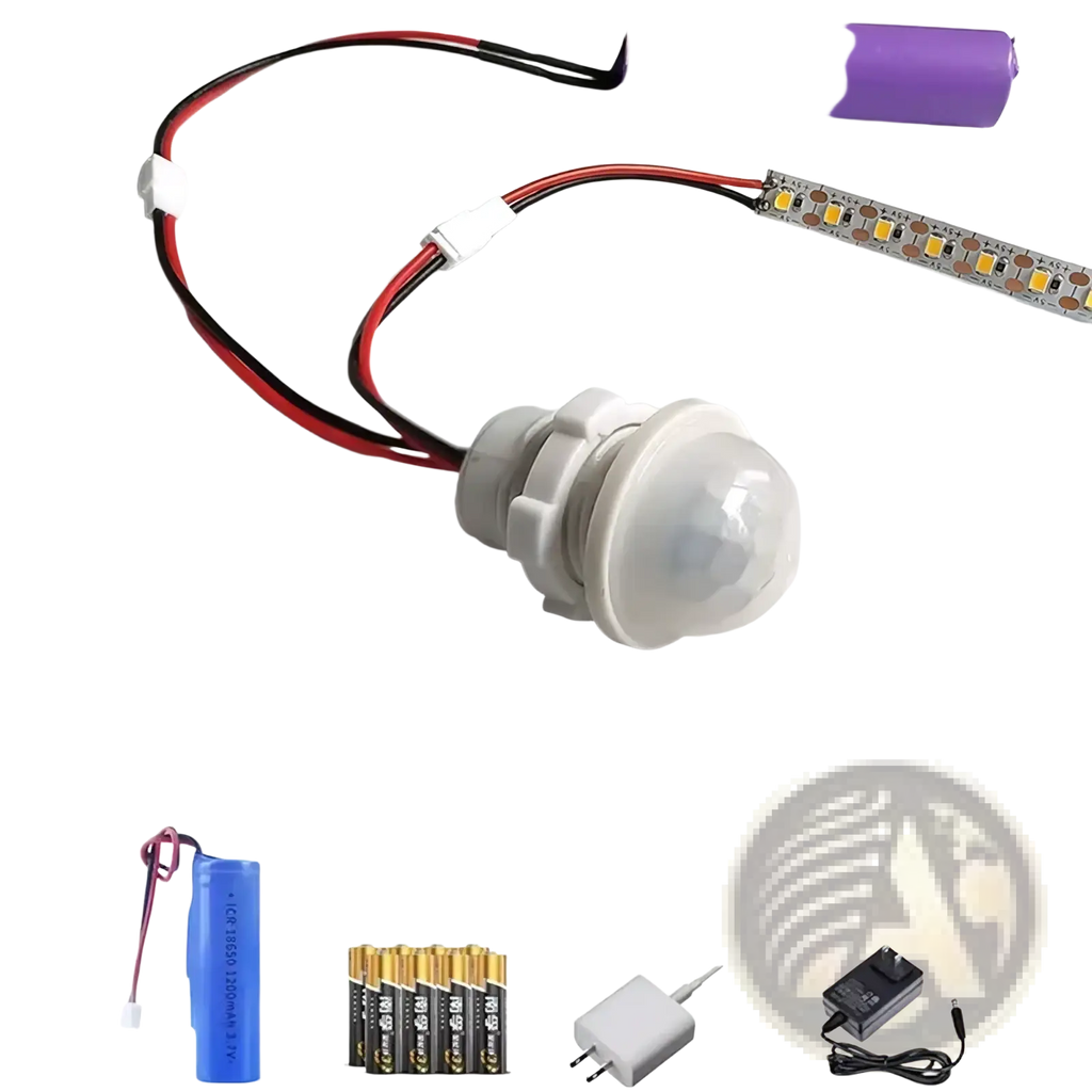 White plastic low voltage pir motion sensor switch with attached led strip and battery pack for led strip lights