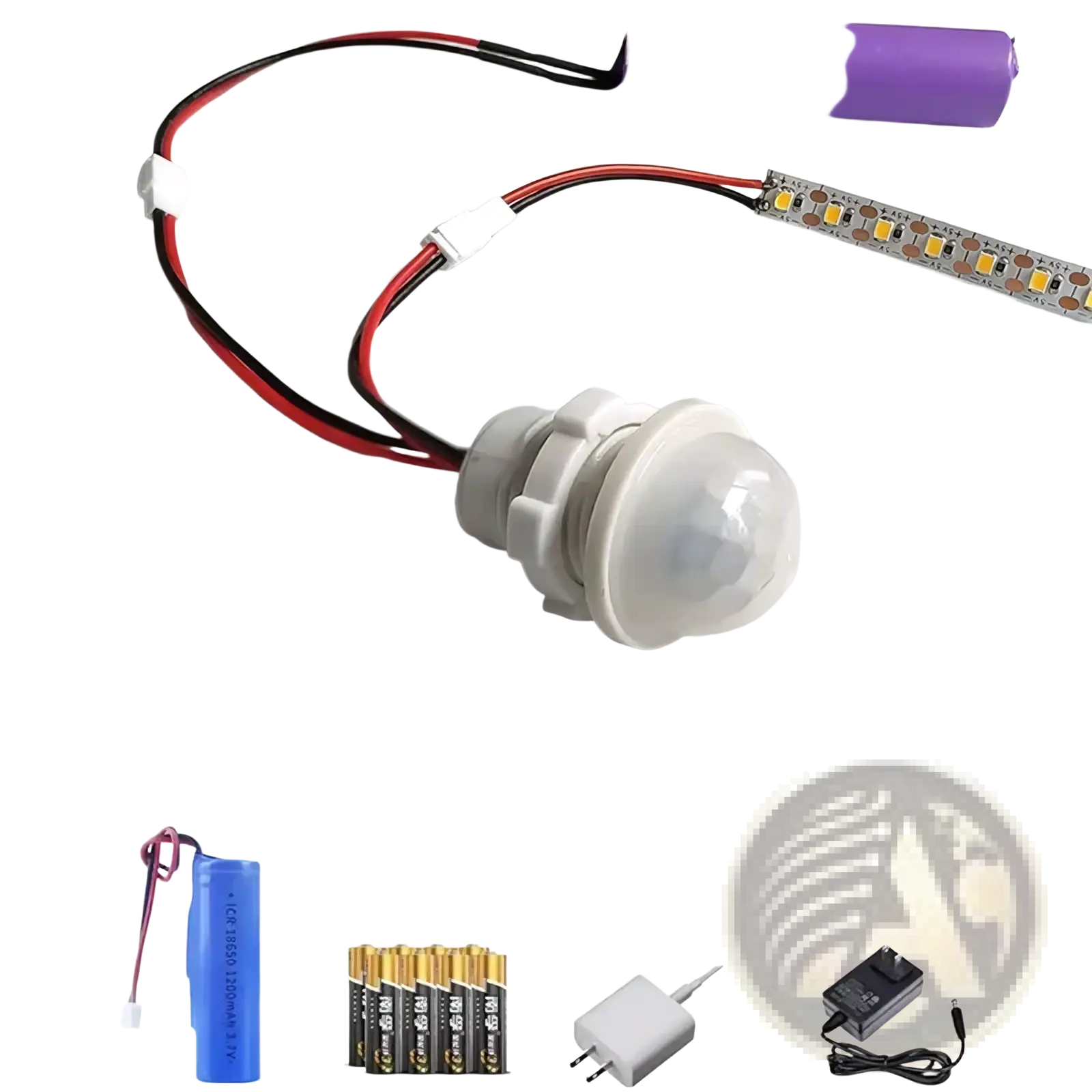 White plastic low voltage pir motion sensor switch with attached led strip and battery pack for led strip lights