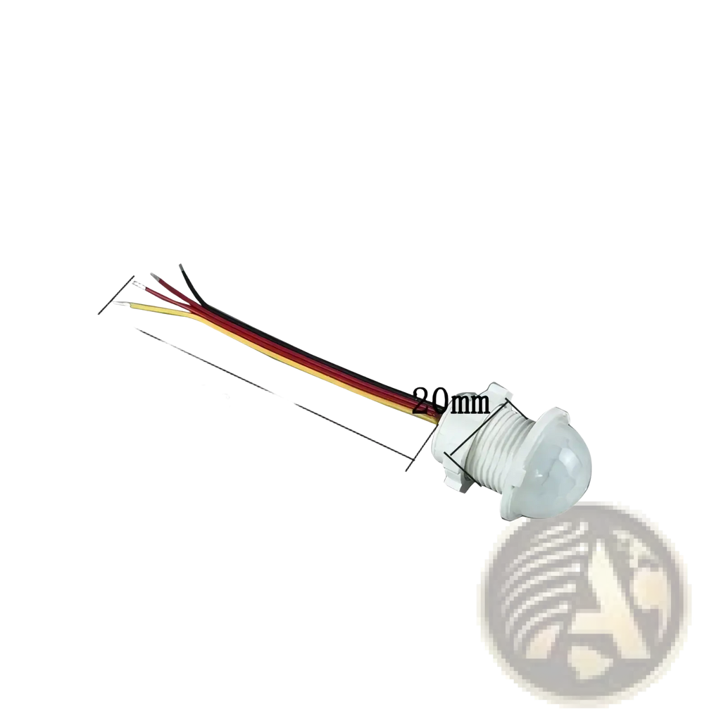 Rear view of a white plastic pir motion sensor switch with translucent dome and four colored wires for led strip lights