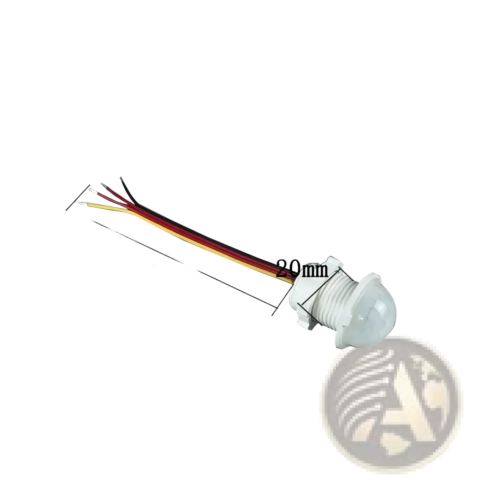Rear view of a white plastic pir motion sensor switch with translucent dome and four colored wires for led strip lights