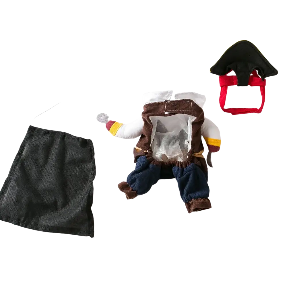 Brown and white plush pirate dog costume with blue pants yellow trim and matching black tricorn hat for pets