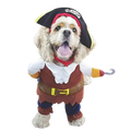 A fluffy dog wearing a pirate dog costume with black tricorn hat, brown vest, blue pants, yellow buckle, and plastic hook