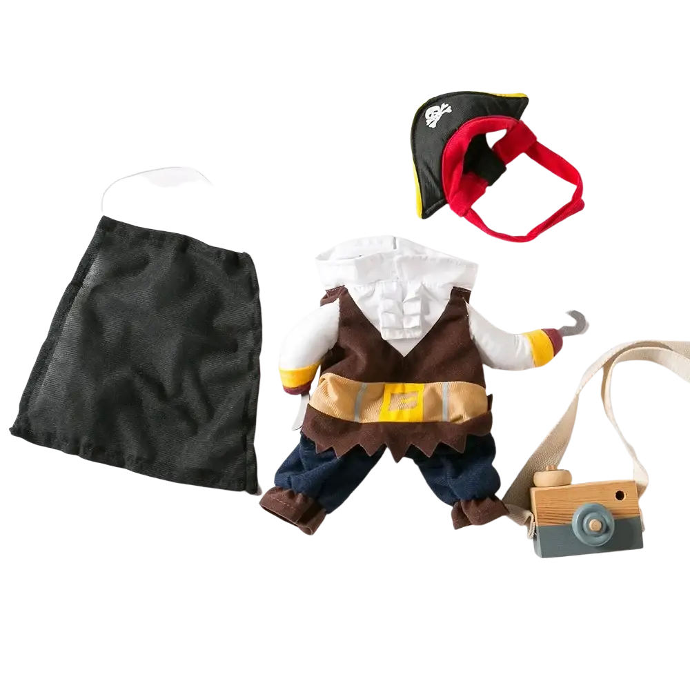 Pirate dog costume with hat featuring a brown vest, white ruffled shirt, blue pants, yellow belt, and black tricorn hat with red trim