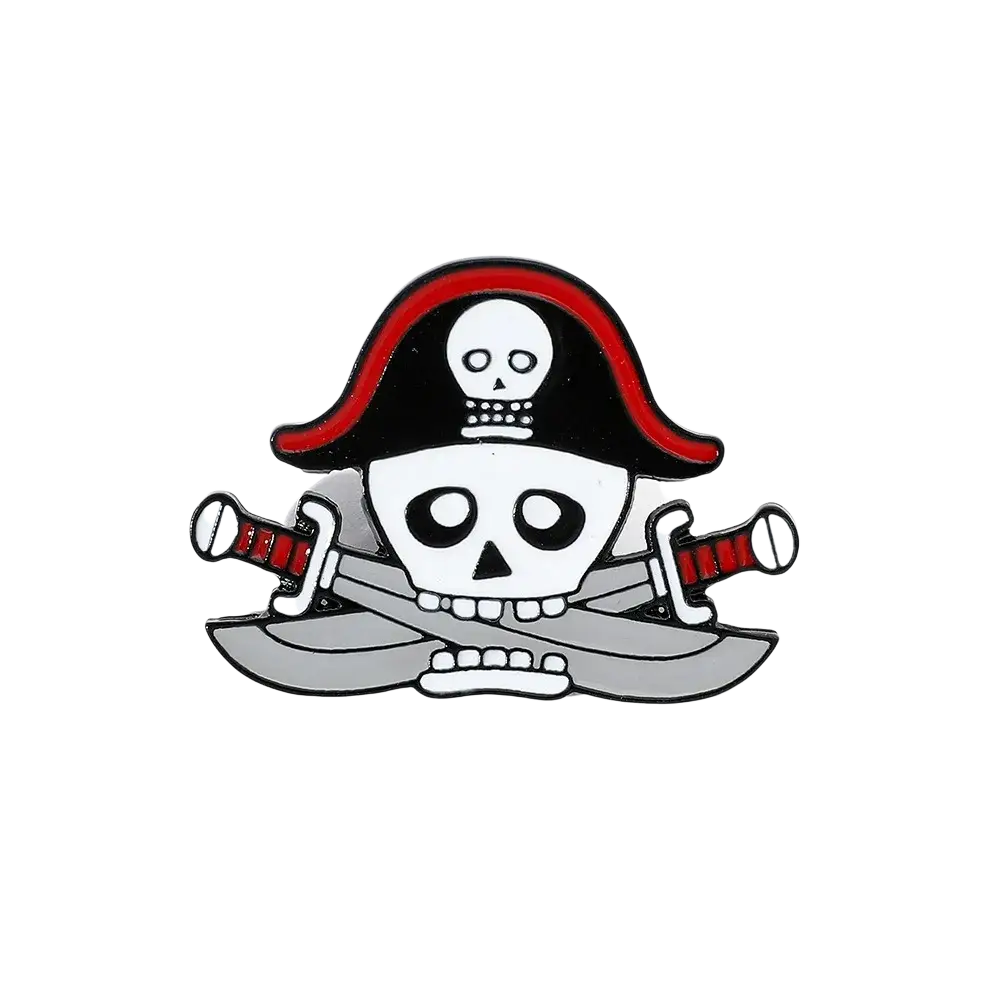 A black and red pirate skull enamel pin with crossed swords from the pirate enamel pin set skull brooch badges