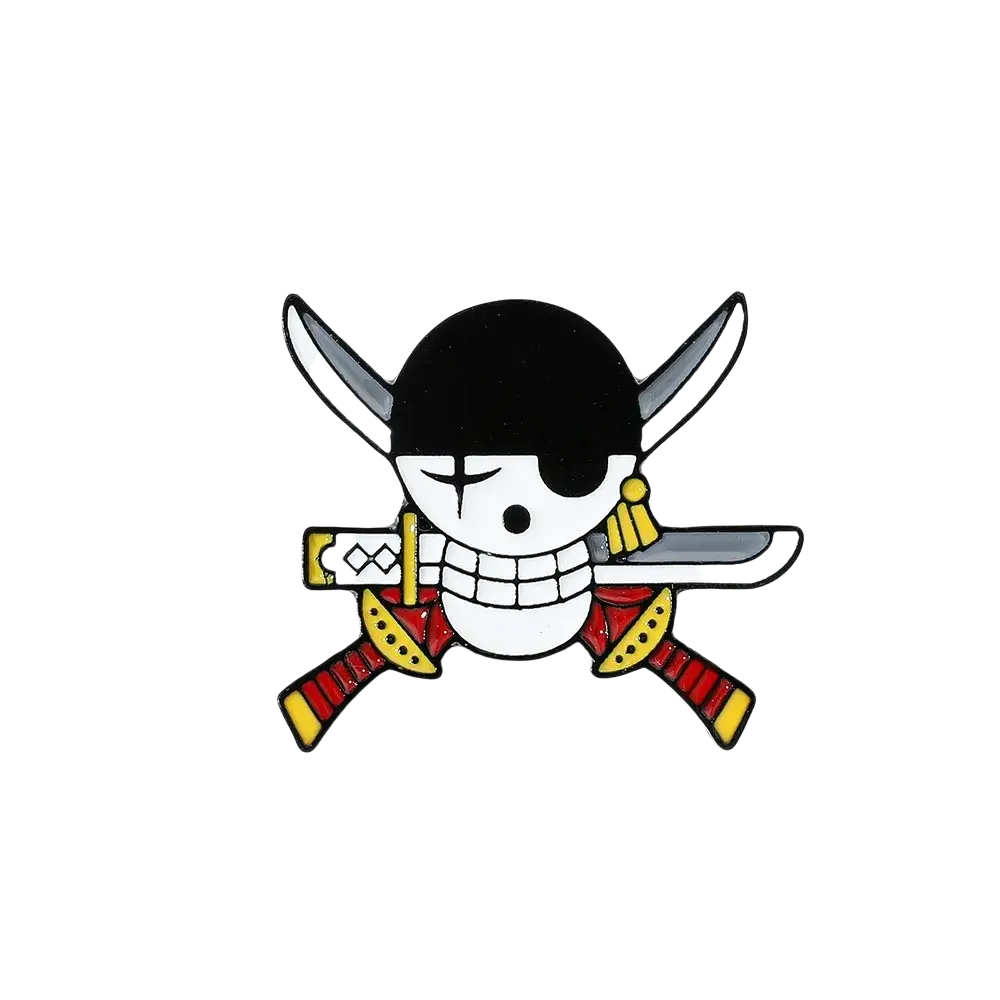 Black and white cartoon pirate skull enamel pin with crossed swords and red and yellow accents for brooch badges