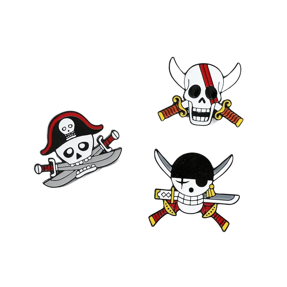Set of three pirate enamel pin skull brooch badges featuring crossed swords in red black white silver gold and yellow