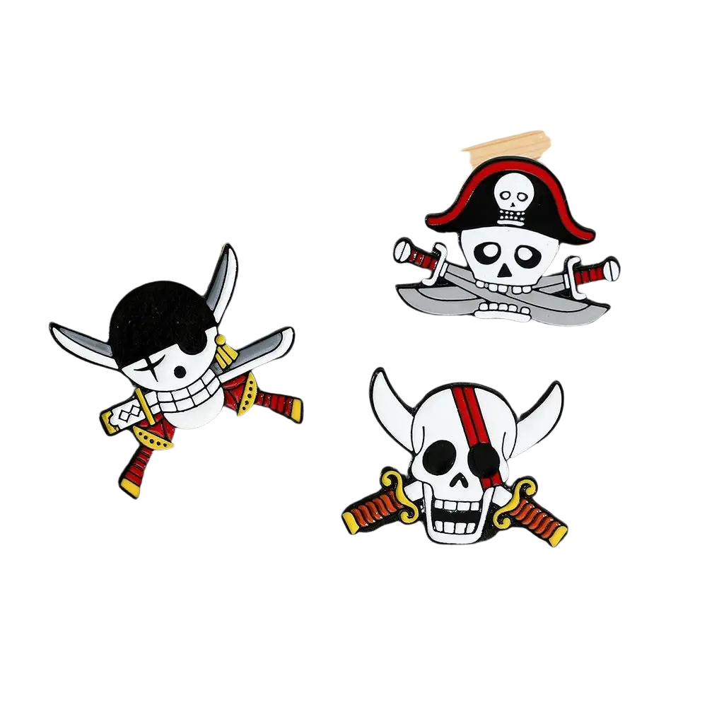 Three pirate enamel pin badges featuring skulls crossed swords and a cartoon character in red and yellow attire